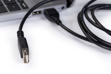Kenarlarında Standard-A kablosu olan USB uzantı kablosu, beyaz arkaplandaki dizüstü bilgisayara bağlı, seçici odak noktasında yakın plan görüntüsü