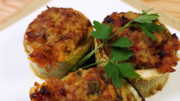 Baked Zucchini Stuffed Rice Minced Meat Close — Stock Video