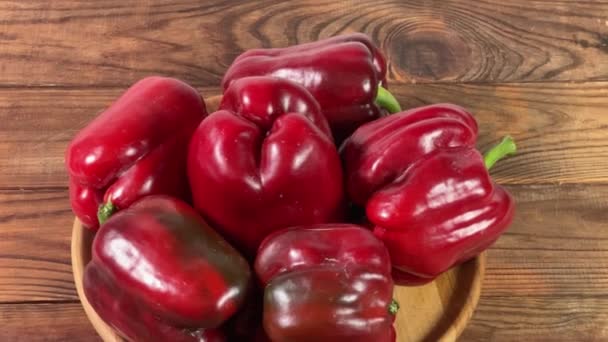 Fresh Red Bell Peppers Wooden Dish Rustic Table — Stock Video