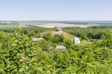 Tek bir kumtaşı kayası, antik deniz resifinin aşındırıcı kalıntıları gibi, uzak ormanların, tarlaların ve gökyüzünün arka planındaki küçük tepenin üzerinde, Ukrayna 'nın Pidkamin köyü