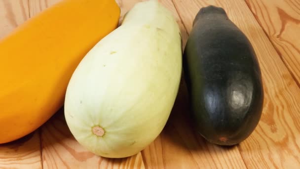 Raw Varicolored Zucchini Marrows Rustic Table Close — Stock Video