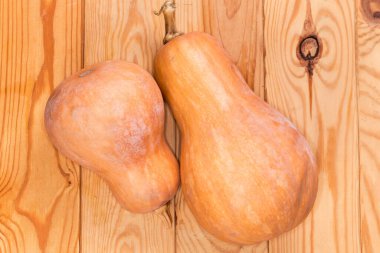 Farklı boyutlarda iki tereyağlı balkabağı, kırsal masanın üst görüntüsü.