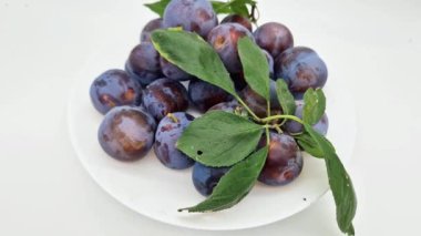 Beyaz arkaplanda yapraklı olgun erikler