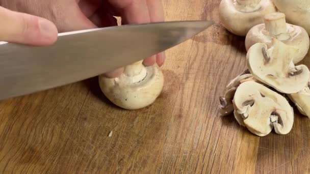 Button Mushroom Slicing Kitchen Knife Cutting Board — Stock Video