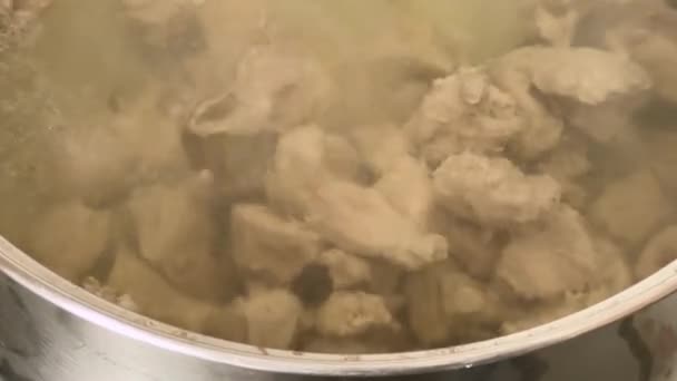 Caldo Carne Durante Cozinha Panela Close — Vídeo de Stock