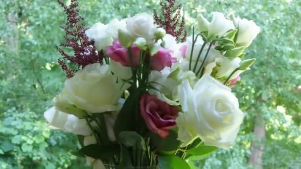 Bouquet Roses Eustoma Vase Blurred Background — Stock Video