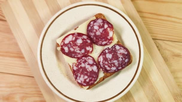 Open Sandwich Slices Dry Cured Sausage Cheese — Stock Video