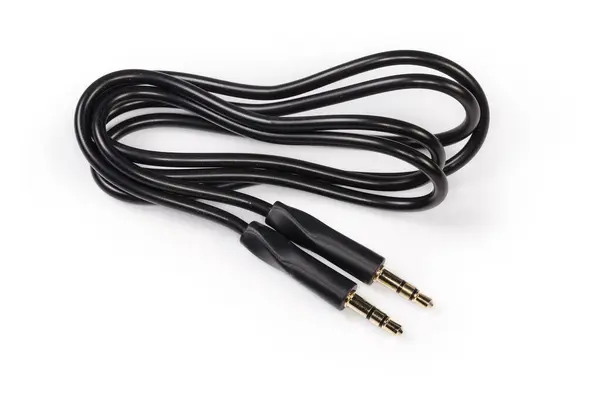 Cable Audio Analógico Negro Enrollado Con Conectores Estéreo Chapados Oro — Foto de Stock