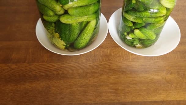 Quick Pickled Cucumbers Two Different Jars Kitchen Table — Stock Video