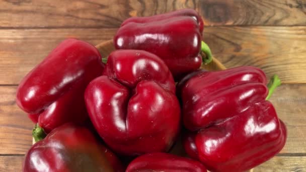 Fresh Red Bell Peppers Wooden Dish Rustic Table — Stock Video