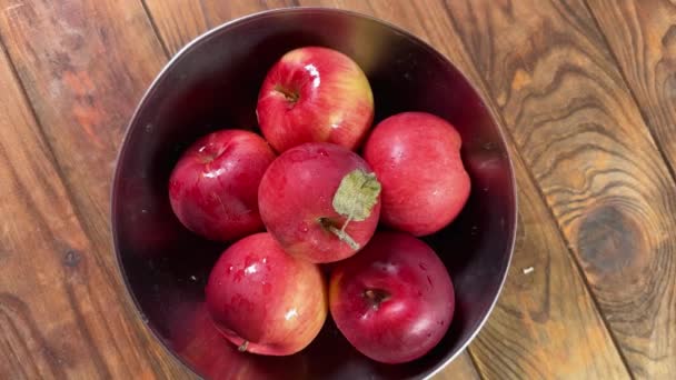 Washed Red Apples Metal Bowl Rustic Table — Stock Video