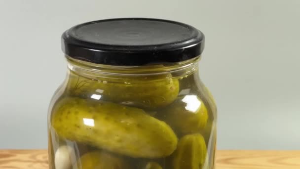 Canned Cucumbers Sealed Glass Jar Table Side View — Stock Video