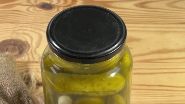 Canned Cucumbers Sealed Glass Jar Rustic Table — Stock Video