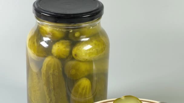 Canned Cucumbers Glass Jar Saucer — Stock Video