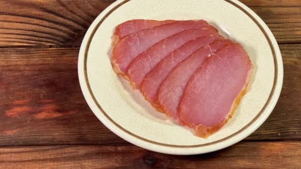 Sliced Dry Cured Pork Loin Saucer Rustic Table — Stock Video