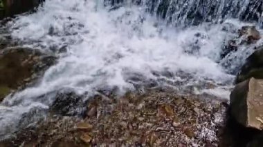 İlkbahar bulutlu bir günde dağ deresinde küçük bir şelale.