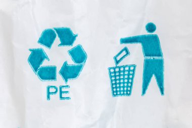 Blue universal recycling symbol with recycling code and tidy man symbol called to dispose encourage of packaging in the waste bin pictured on white polyethylene bag clipart