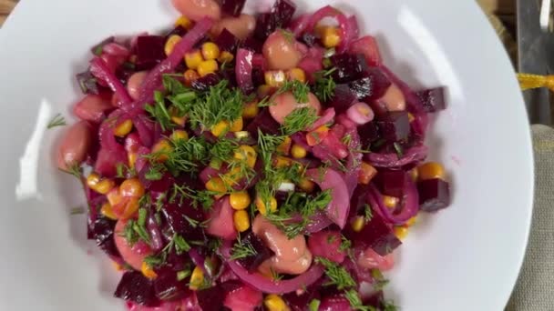 Serving Beetroot Salad Beans Sweet Corn Onion — Stock Video