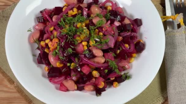 Serving Beetroot Salad Beans Sweet Corn Onion — Stock Video