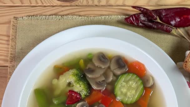 Serving Vegetable Soup Mushrooms Bowl Top View — Stock Video