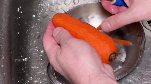 Épluchage Carotte Fraîche Crue Avec Éplucheur Dans Évier Cuisine — Video