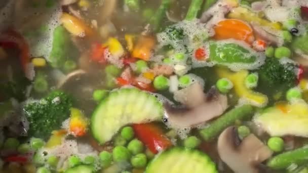 Vegetable Soup Mushrooms Pot Preparing Top View — Stock Video