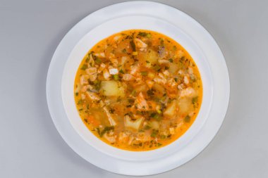 Beyaz bir kasede, gri arka planda, beyaz bir tabakta, temiz somon çorbası.