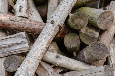 Orta kalınlıkta ve farklı uzunluktaki çam kütükleri kısmen kabuksuz, yüksek yığın halinde, güneşli bir günde manzara