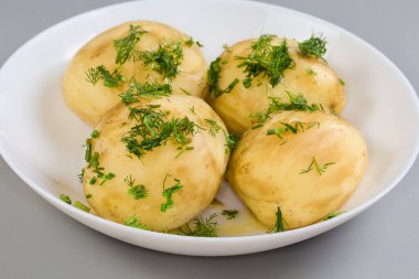 Genç patatesleri tereyağıyla kaynatıp gri arka planda doğranmış taze dereotuyla serpiştirmek.