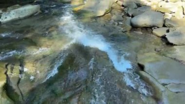 Kayalık orman kıyıları ve tahta köprüsü olan küçük bir dağ nehri.