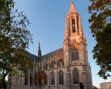 Neo-Gotik Votivkirche, ya da 19. yüzyılın Votivkirche Kilisesi, Viyana, Avusturya, sonbaharda batan güneşin ışığı altında yan görüş