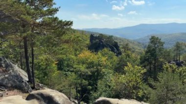 Ağaçların tepesinde çamlar olan kayalık kumtaşı çıkıntıları