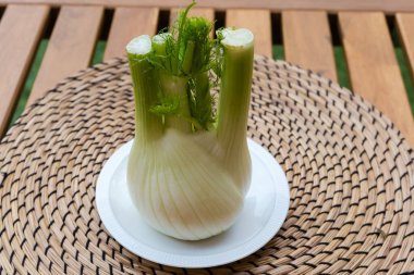 Fresh Florence fennel bulb on a white dish on a wooden table with place mat outdoors in overcast weather clipart