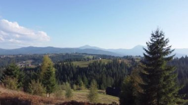 Karpatlar 'da çayırları ve ormanları olan dağ yamaçları, hava manzarası
