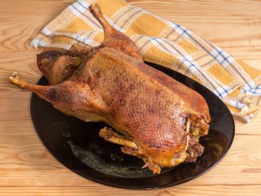 Evcil ördeğin bütün leşini pişirdim. Köy masasında büyük siyah bir tabakta elmalarla doldurdum.