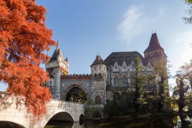 20. yüzyılın başlarında Budapeşte 'deki Vajdahunyad Kalesi, güneşli bir sonbahar gününde ön planda kemerli taş köprü ve bataklık selvası ile giriş kapısının yanından manzara
