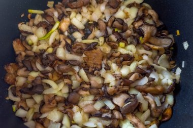 Modern kızartma tavasında kızarırken doğranmış soğanlı istiridye mantarları, seçici odak noktasında yakın çekim.