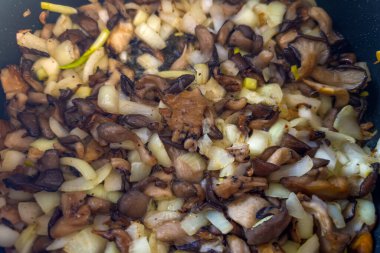 Modern kızartma tavasında kızarırken doğranmış soğanlı istiridye mantarları, seçici odak noktasında yakın çekim.
