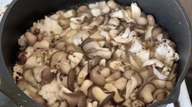 Kızarmış tavada çiğ istiridye mantarı kızartıyorum.