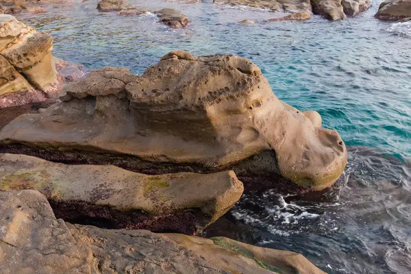 Güneşli bir sabahta, taştan bir sahil şeridinde gri-kahverengi kumtaşı kayaları yıpranmış.