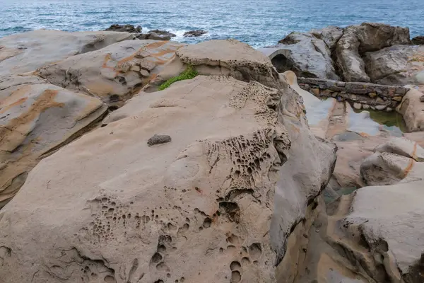 Yıpranmış sahil gri-kahverengi kumtaşı kayaları taştan bir sahil şeridinde bulutlu sabahta denize karşı.