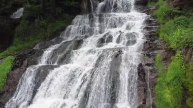 Ukrayna 'nın bulutlu bir günde Dzhuryn nehrinde şelale dalları
