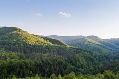 Nispeten alçak dağ sırtları gün batımından önce güneşli bir bahar akşamında açık gökyüzüne karşı orman ve yaprak döken ağaçlarla kaplıydı.