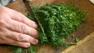 Kesme tahtasında taze dereotu demeti kesme, yavaş çekim