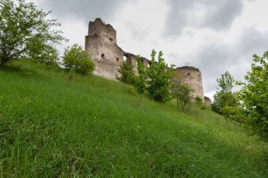 Kuzeybatı savunma taş duvarları ve Sydoriv Kalesi 17. yüzyılın tepe, Ukrayna 'sında yağmurlu bir günde bulutlu gökyüzüne karşı otlarla kaplı tepenin eteklerinden manzara