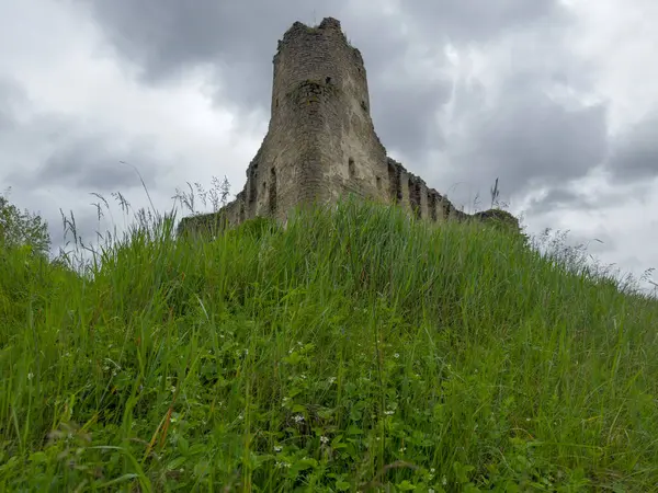 17. yüzyılın kuzey taş gözlem kulesi Sydoriv Şatosu, Ukrayna, yağmurlu bir günde bulutlu gökyüzüne karşı ön planda çimlerle kaplı tepe yamaçlı