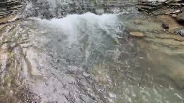 Karpatlar 'daki deredeki katmanlı kayadan küçük şelale düşüyor.