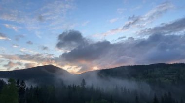 Orman sıradağları ve bulutlu gökyüzü gün doğumunda üzerindeydi.