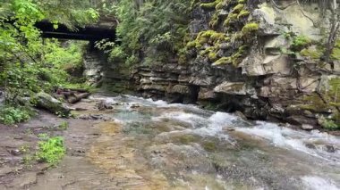 Mountain stream with rocky bank and wooden bridge on background