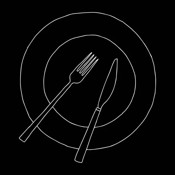 白い手描きのアウトライン黒の背景に隔離された食器セットのフラットベクトルイラスト — ストックベクタ